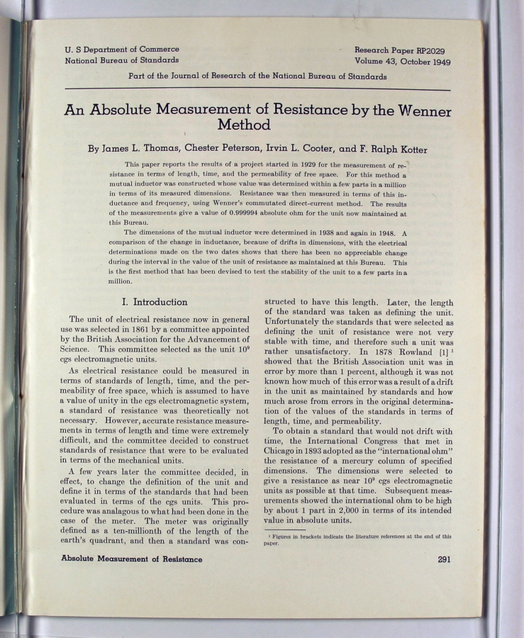 An Absolute Measurement of Resistance by the WennerMethod