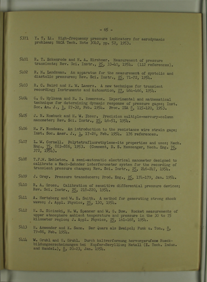 Bibliography and Index on Dynamic Pressure Measurement